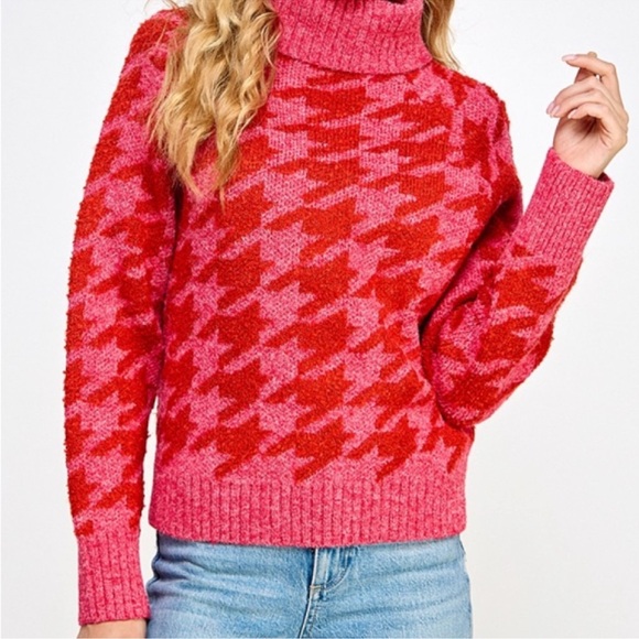 NWOT New Cliche Red and Pink Houndstooth Turtleneck Sweater - Picture 8 of 11